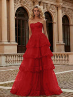 Scarlet Red Strapless Lace Bodice A-Line Tiered Tulle Prom Dress