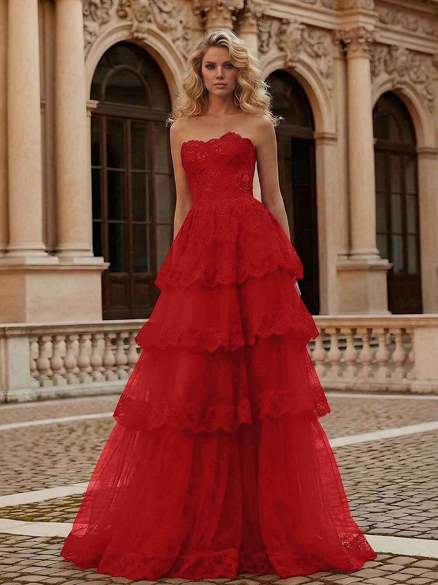 Scarlet Red Strapless Lace Bodice A-Line Tiered Tulle Prom Dress