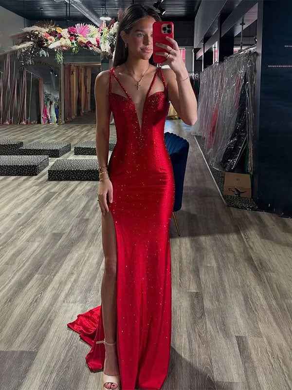 Red Satin Mermaid Prom Dress V Neck Beaded Long Gown