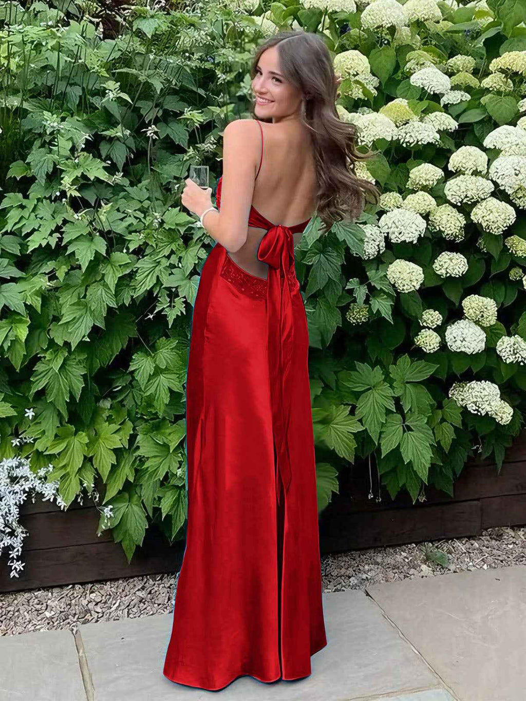 Blue A Line V Neck Beaded Back Tie Long Prom Dress