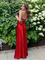 Blue A Line V Neck Beaded Back Tie Long Prom Dress