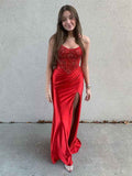 Red Satin Mermaid Prom Dress With Spaghetti Straps Appliques