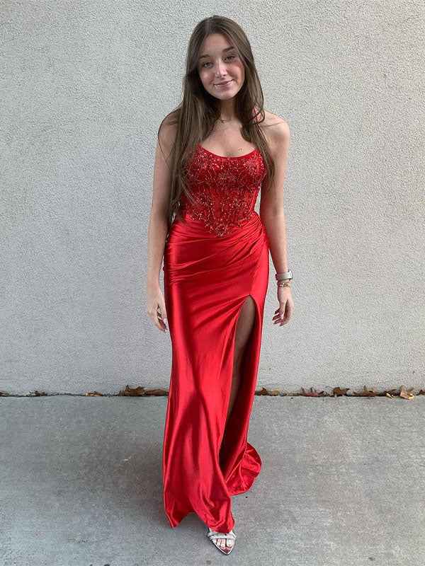 Red Satin Mermaid Prom Dress With Spaghetti Straps Appliques