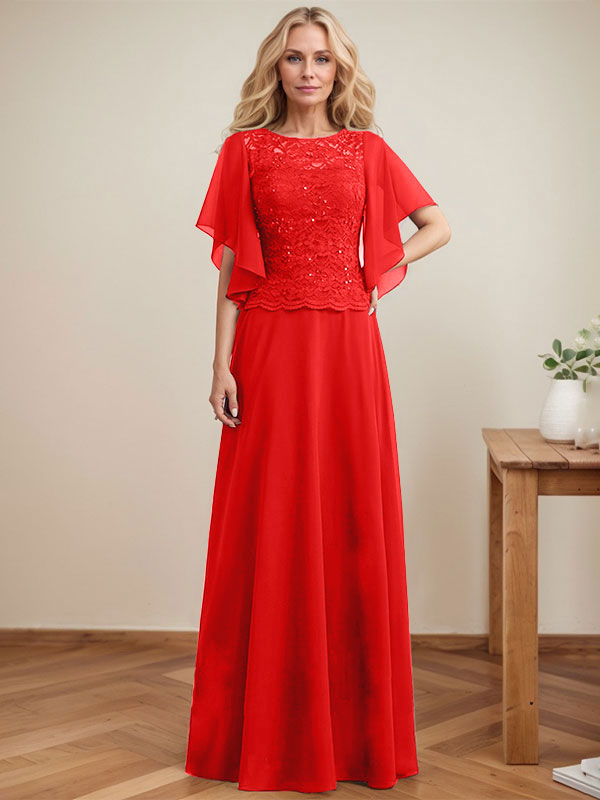 A-Linie, U-Ausschnitt, Illusion, bodenlanges Spitzen-Chiffon-Kleid für die Brautmutter mit Pailletten 