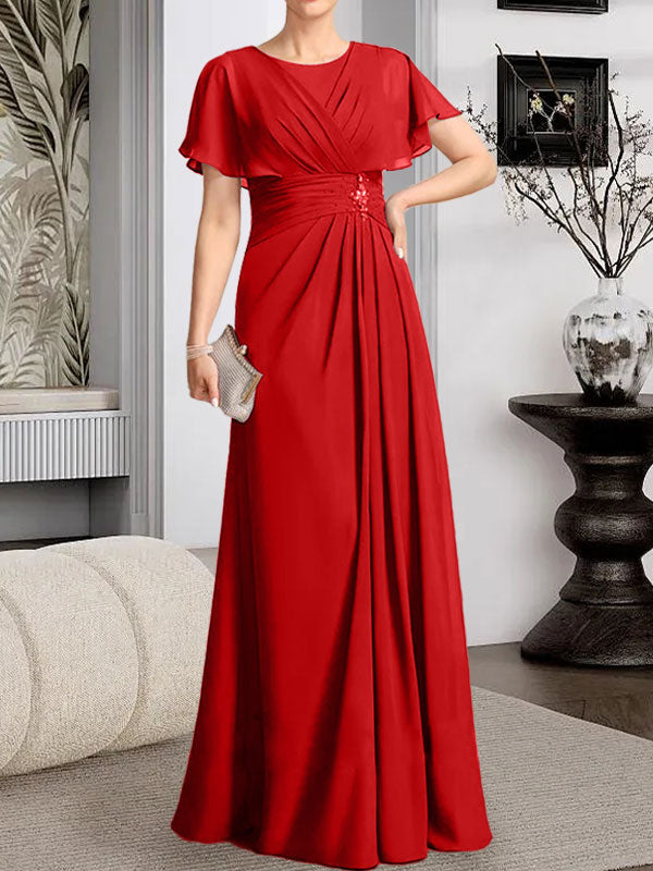 Robe de mère de la mariée en mousseline, longueur au sol, en ligne A, décolleté arrondi, ornée de perles plissées