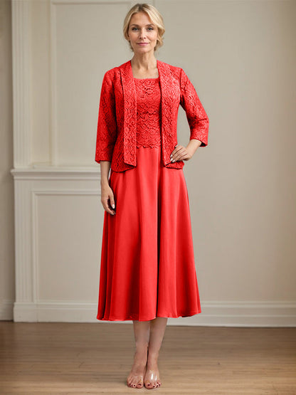 A-Linie U-Ausschnitt Wadenlang Chiffon-Kleid für die Brautmutter 