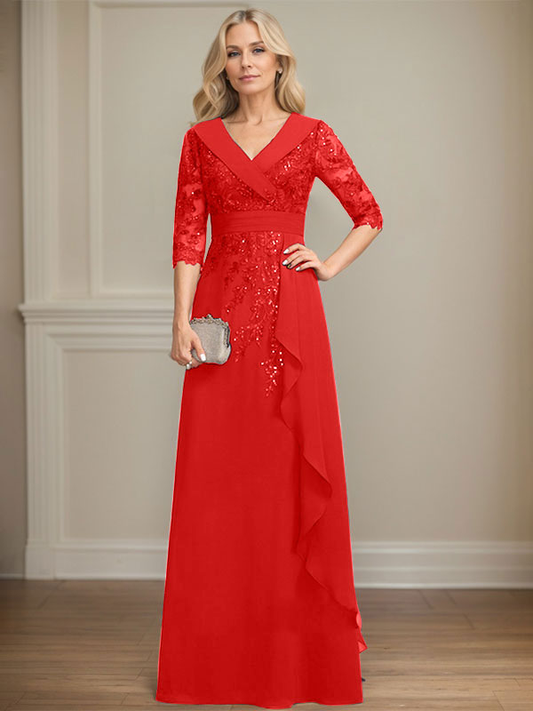 Robe de mère de la mariée en mousseline de soie à col en V, longueur au sol, ligne A, avec dentelle, paillettes et volants en cascade