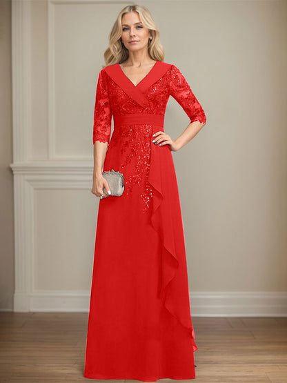 Vestido de madre de la novia de gasa con encaje, escote en V, corte A y largo hasta el suelo, con lentejuelas y volantes en cascada 