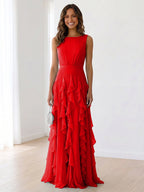 Sky Blue Tiered Chiffon Evening Maxi Dress With Ruched Bodice