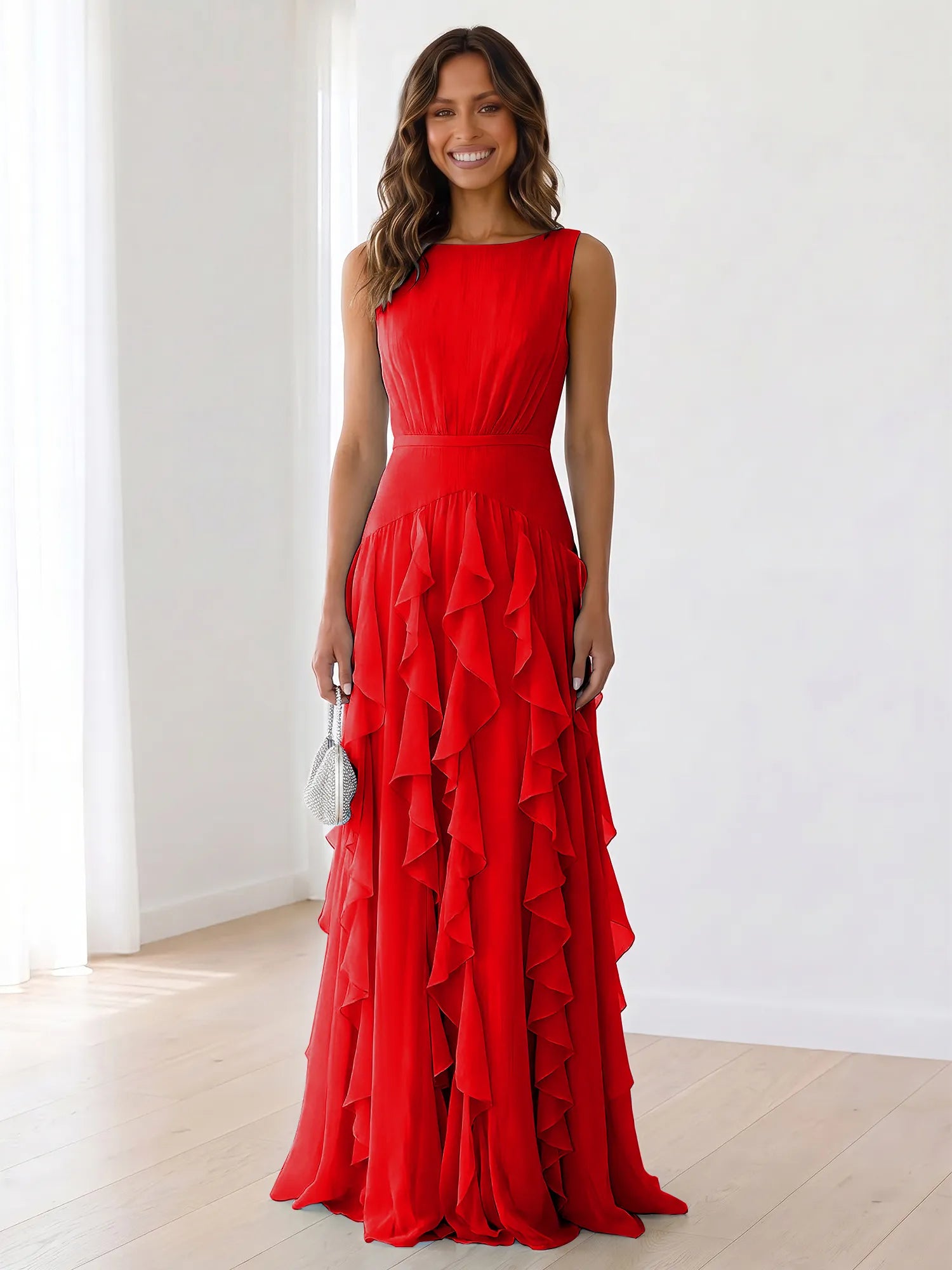 Sky Blue Tiered Chiffon Evening Maxi Dress With Ruched Bodice