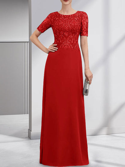 A-Linie U-Ausschnitt Bodenlang Spitzen-Chiffon-Kleid für die Brautmutter mit Pailletten