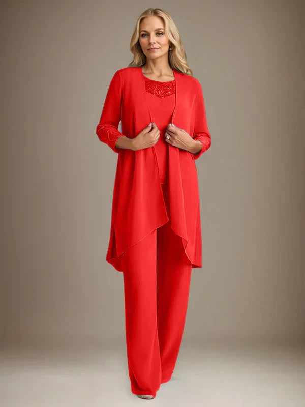 بدلة بنطلون الأم العروس بأكمام طويلة من الشيفون وياقة دائرية مع سترة