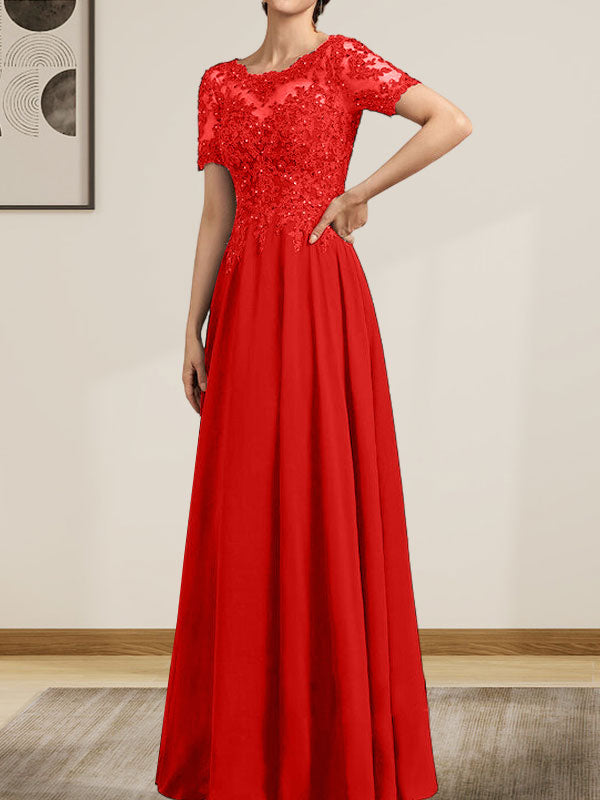 A-Linie U-Ausschnitt Illusion Bodenlang Chiffon Spitze Mutter der Braut Kleid mit Pailletten Perlen