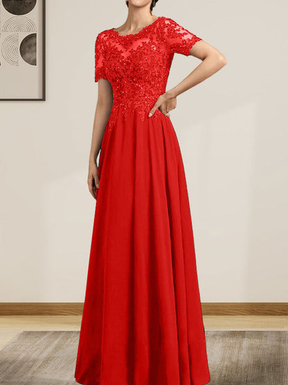 A-Linie U-Ausschnitt Illusion Bodenlang Chiffon Spitze Mutter der Braut Kleid mit Pailletten Perlen