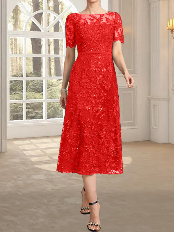 A-Linie, U-Ausschnitt, Illusion, knielang, Spitze, Kleid für die Brautmutter mit Pailletten