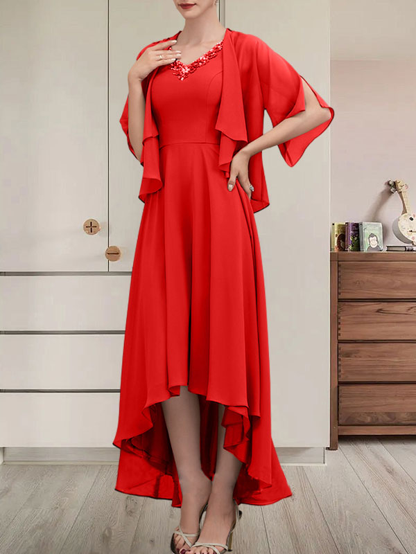 Vestido de gasa asimétrico para madre de la novia con escote en V, corte A y lentejuelas con abalorios