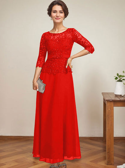A-Linie, U-Ausschnitt, Illusion, knöchellang, Chiffon, Spitze, Kleid für die Brautmutter mit Strass-Perlen 
