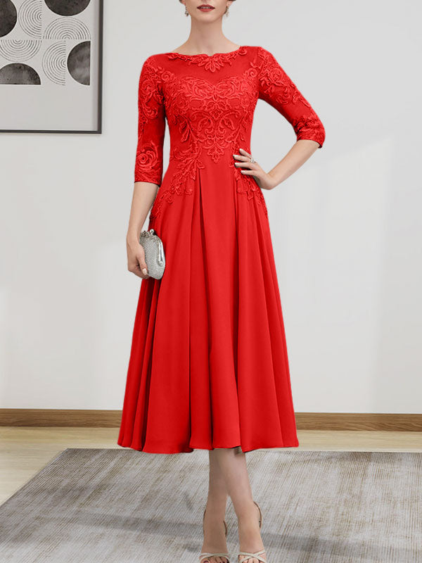 A-Linie, U-Ausschnitt, Illusion, knielang, Chiffon, Spitze, Kleid für die Brautmutter mit Perlen und Pailletten