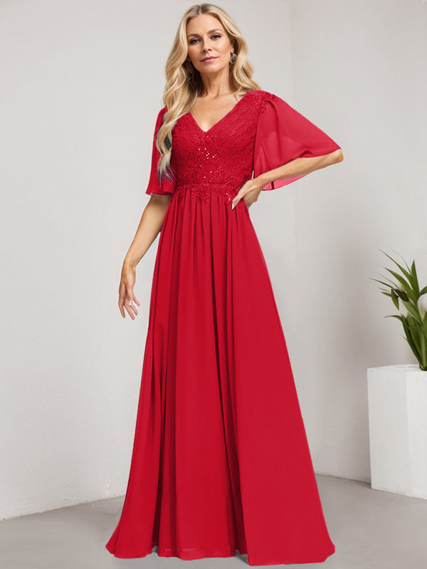 A-Linie V-Ausschnitt Bodenlanges Spitzen-Chiffon-Kleid für die Brautmutter mit Pailletten 