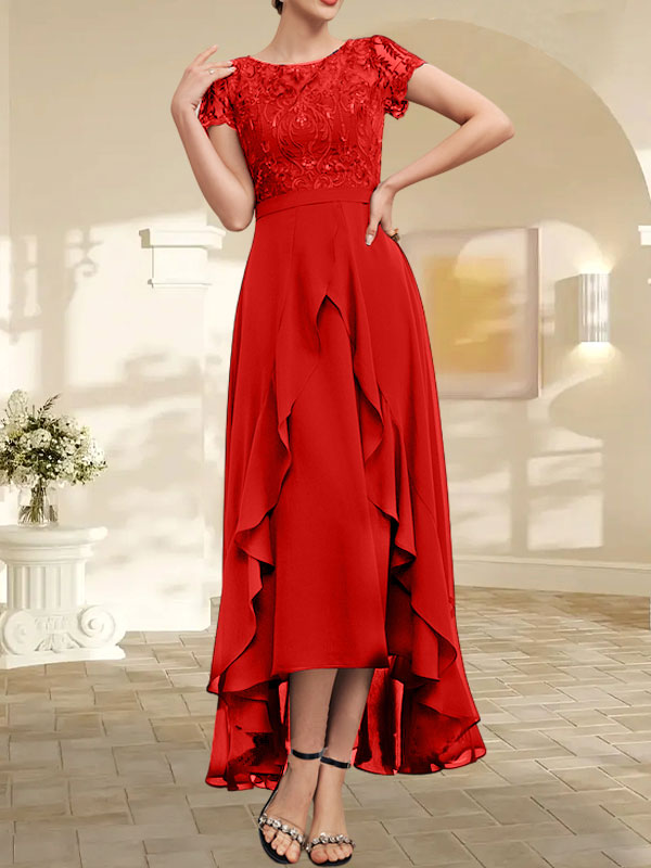 Robe de mère de la mariée en mousseline et dentelle asymétrique illusion à encolure dégagée, coupe en A, avec nœud, volants et paillettes