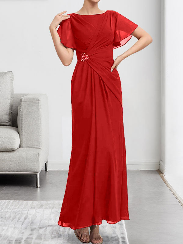 Robe de mère de la mariée en mousseline, longueur cheville, en ligne A, encolure dégagée, ornée de perles et plissée