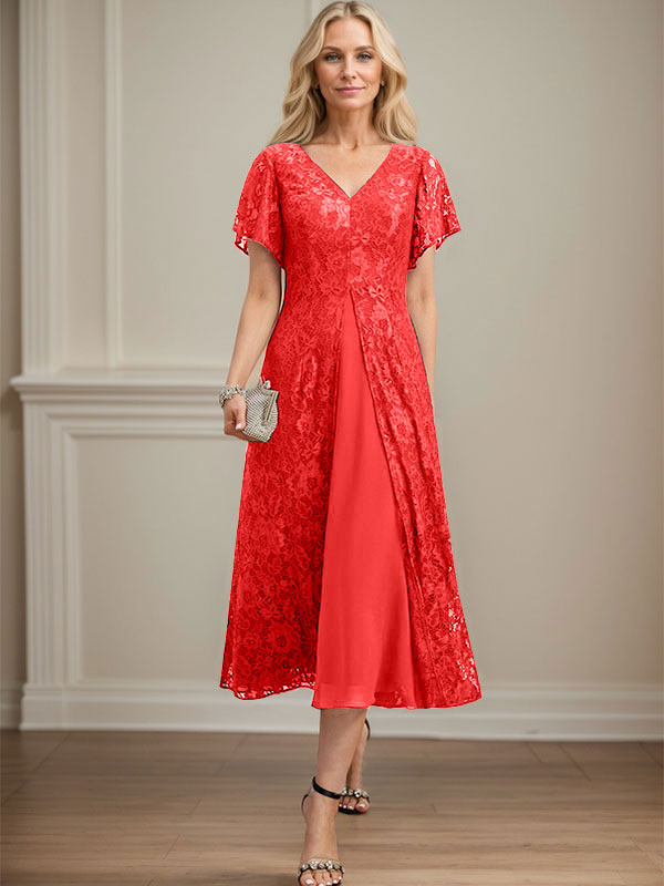 A-Linie V-Ausschnitt Wadenlanges Chiffon-Kleid für die Brautmutter 