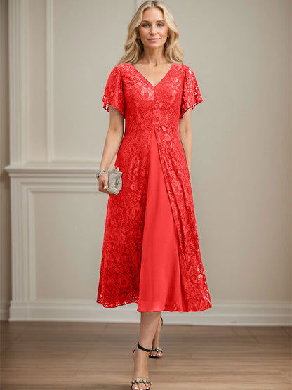 A-Linie V-Ausschnitt Wadenlanges Chiffon-Kleid für die Brautmutter 