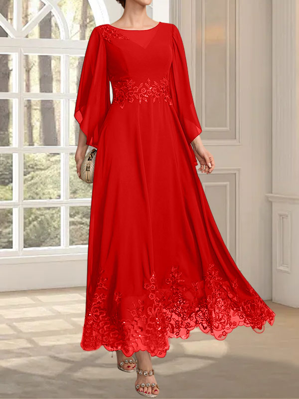 A-Linie, U-Ausschnitt, Illusion, knöchellang, Spitzen-Chiffon, Kleid für die Brautmutter mit Pailletten 