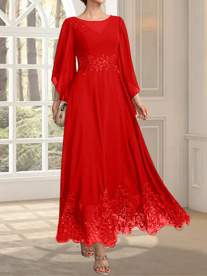 A-Linie, U-Ausschnitt, Illusion, knöchellang, Spitzen-Chiffon, Kleid für die Brautmutter mit Pailletten 