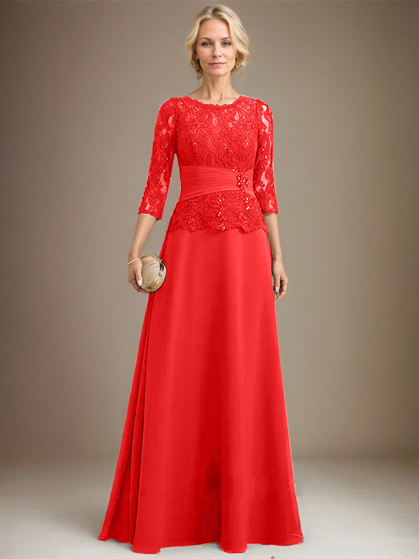 A-line Scoop Illusion Floor-Length Chiffon Lace Mother of the Bride Dress With Pleated Sequins Beading