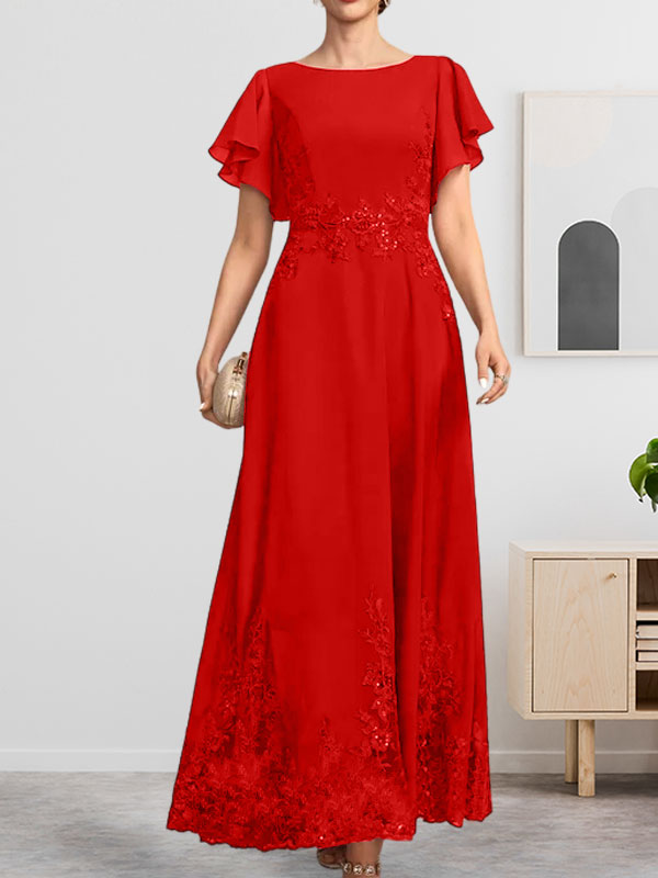 Robe de mère de la mariée en mousseline de soie à dentelle, longueur cheville, en forme trapèze avec décolleté arrondi et paillettes