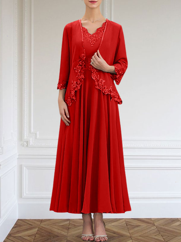 Robe de mère de la mariée en mousseline, ligne A, col en V, longueur cheville, ornée de paillettes, appliques en dentelle et perles