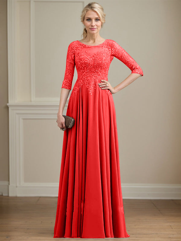 A-Linie, U-Ausschnitt, Illusion, bodenlanges Spitzen-Chiffon-Kleid für die Brautmutter mit Pailletten 