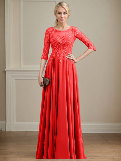 A-Linie, U-Ausschnitt, Illusion, bodenlanges Spitzen-Chiffon-Kleid für die Brautmutter mit Pailletten 
