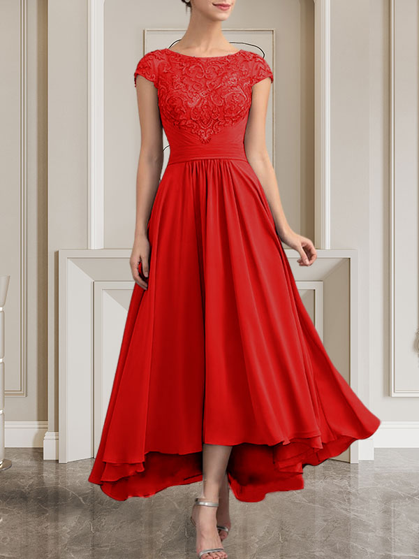 A-Linie U-Ausschnitt Bodenlang Spitzen-Chiffon-Kleid für die Brautmutter mit Pailletten