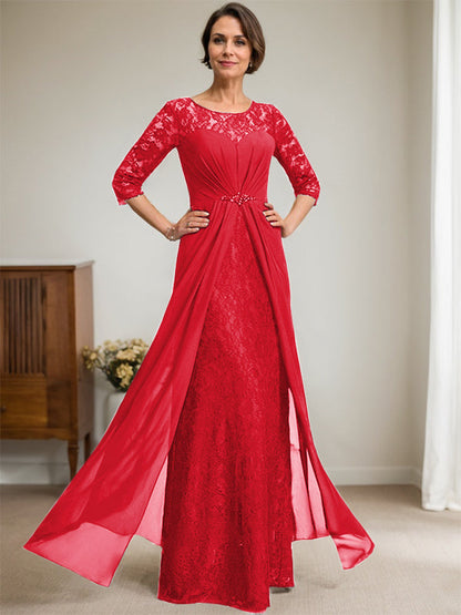 A-Linie U-Ausschnitt Illusion Bodenlang Spitzen Chiffon Mutter der Braut Kleid mit Perlenbesatz Rüschen 