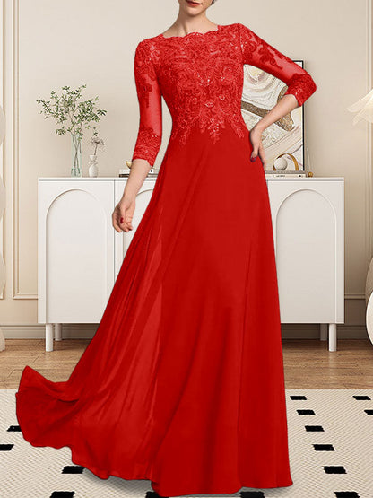 A-Linie U-Ausschnitt Bodenlang Spitzen-Chiffon-Kleid für die Brautmutter mit Pailletten