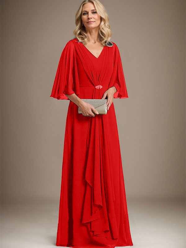A-line V-Neck Floor-Length Chiffon Mother of the Bride Dress With Cascading Ruffles Crystal Brooch