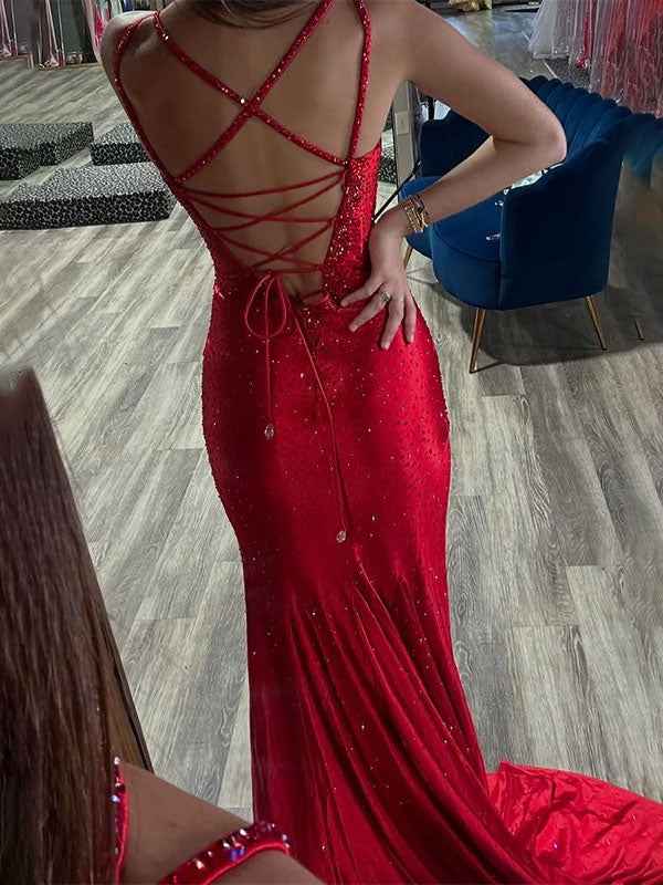 Red Satin Mermaid Prom Dress V Neck Beaded Long Gown