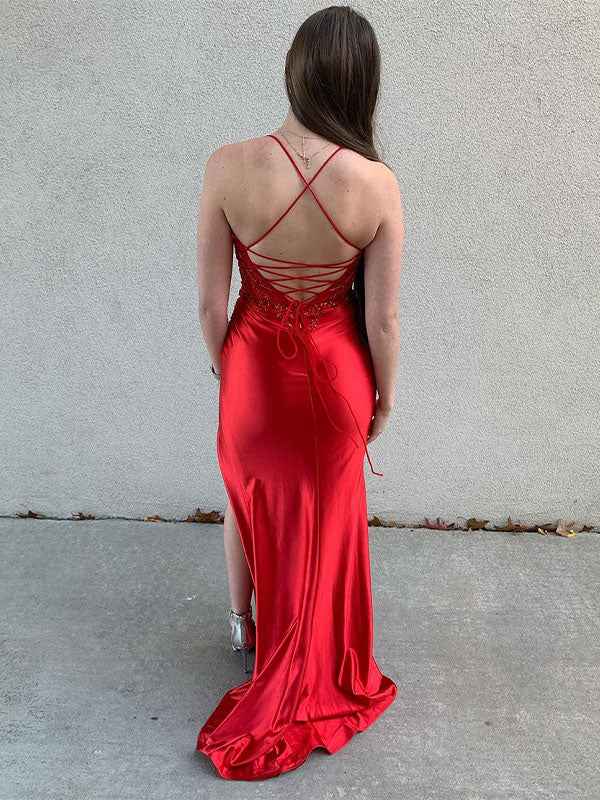 Red Satin Mermaid Prom Dress With Spaghetti Straps Appliques