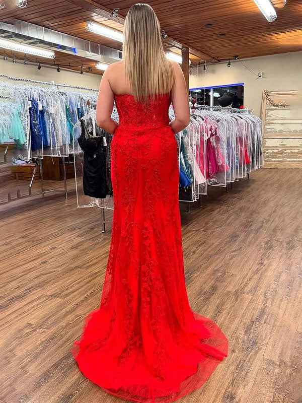 Red Strapless Mermaid Prom Dress With Lace Appliques