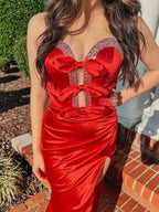 Red Mermaid Strapless V Neck Beaded Long Prom Dress With Slit