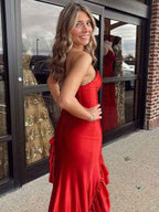 Fiery Red Satin Strapless Mermaid Prom Dress With Ruffles And Train