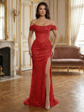 Sequin Off-The-Shoulder Corset Prom Dress With Slit
