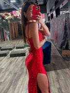 Red Satin Mermaid Prom Dress V Neck Beaded Long Gown
