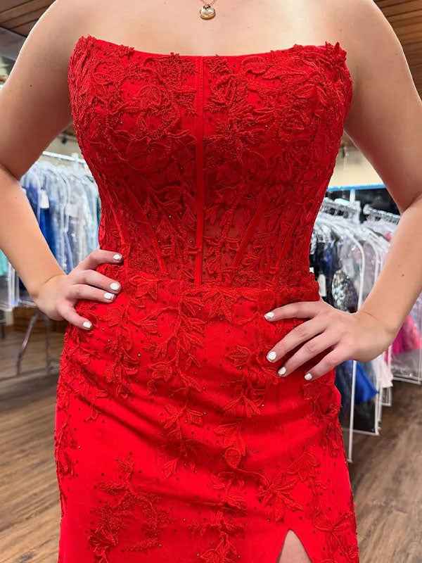 Red Strapless Mermaid Prom Dress With Lace Appliques