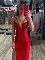 Red Satin Mermaid Prom Dress V Neck Beaded Long Gown