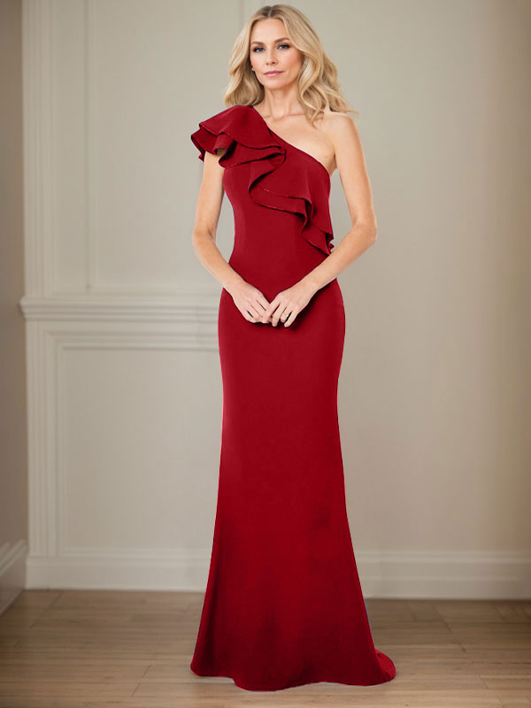 Robe de mère de la mariée en mousseline, longueur au sol, coupe en A, à une épaule avec volants