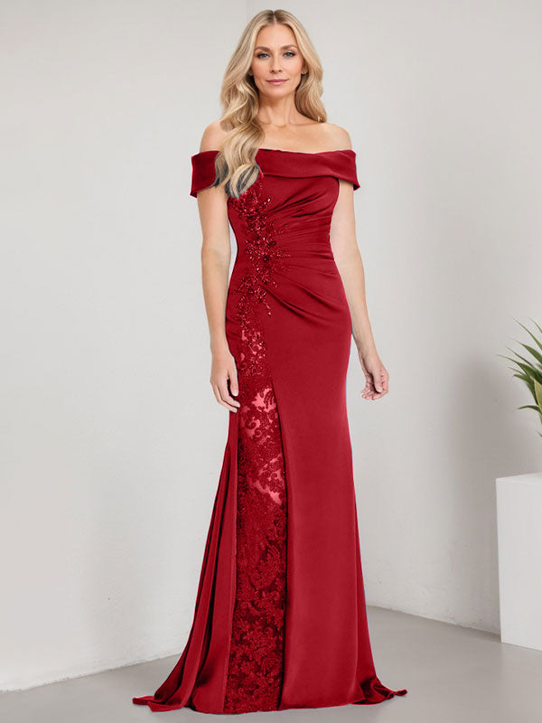 Robe de mère de la mariée longue jusqu'au sol, ligne A, épaules dénudées, appliques et perles, robe sirène avec fente haute