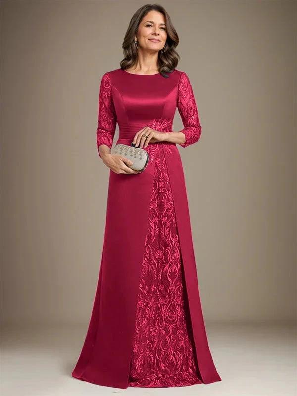 A-Line Scoop Floor-Length Lace Satin Mother Of the Bride Dress With Applique by Dreamylily